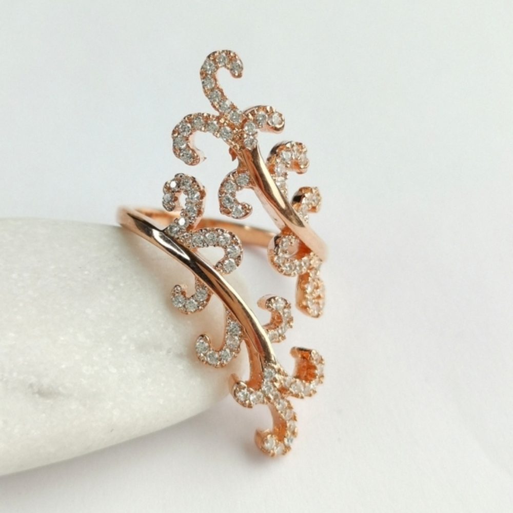 Rose Gold CZ Filigree Bypass Ring Sterling Silver size 7 🆕